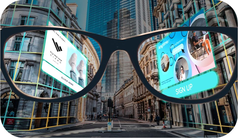 View through smart glasses showing interactive AR billboards on a city street